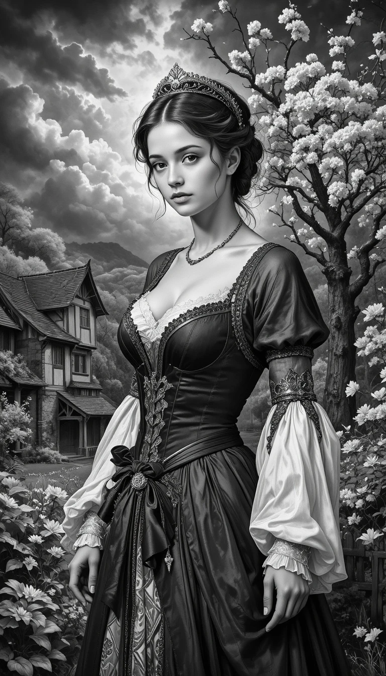 Teenage girl in historical dress under cherry blossoms