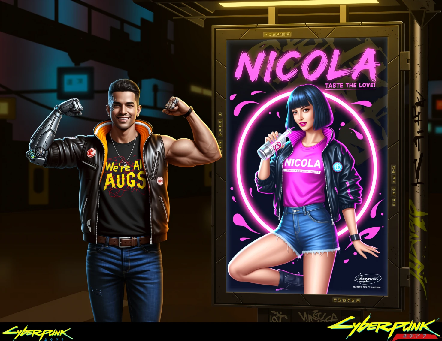 Cyberpunk man posing beside neon drink advertisement