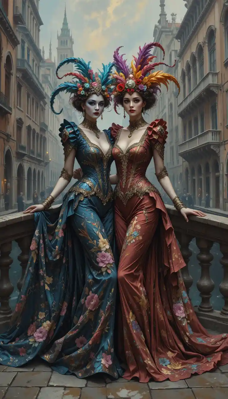 Masked women on a Venetian bridge during carnival night