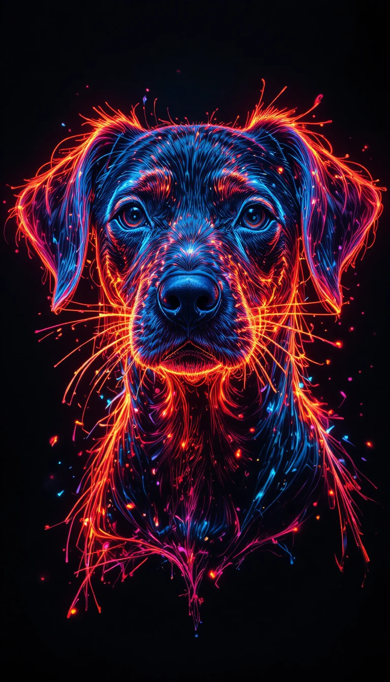Pittura al neon con primo piano schizzato di un muso di cane luminoso