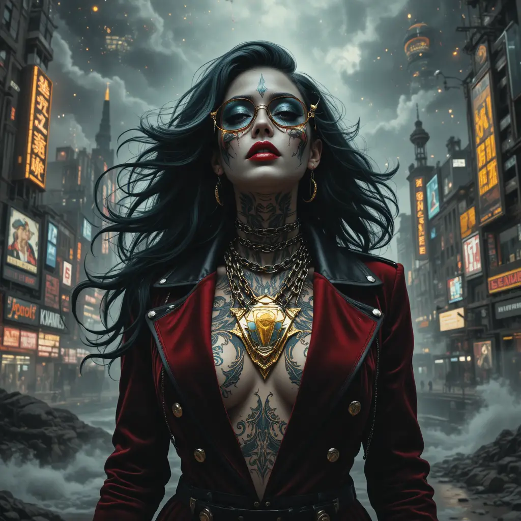Surreal portrait of a chained woman in neon harbor city