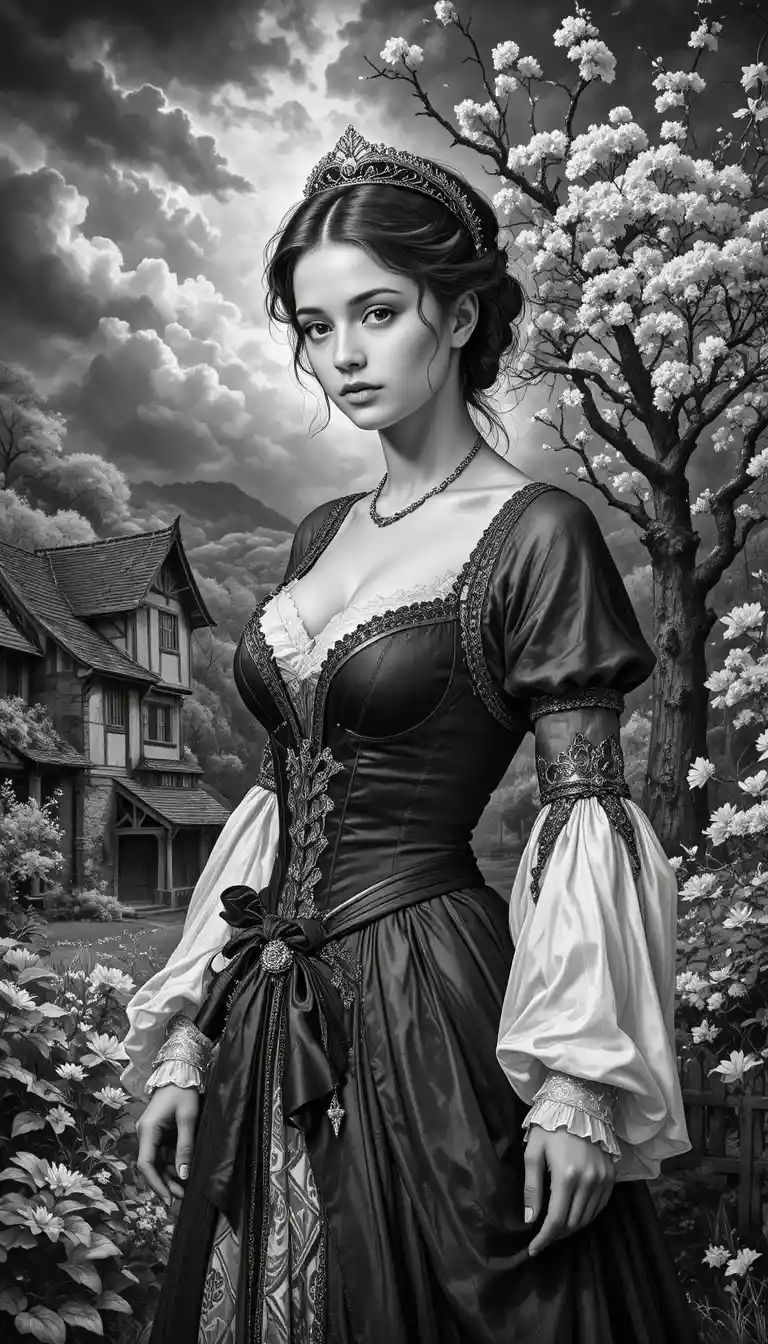 Teenage girl in historical dress under cherry blossoms