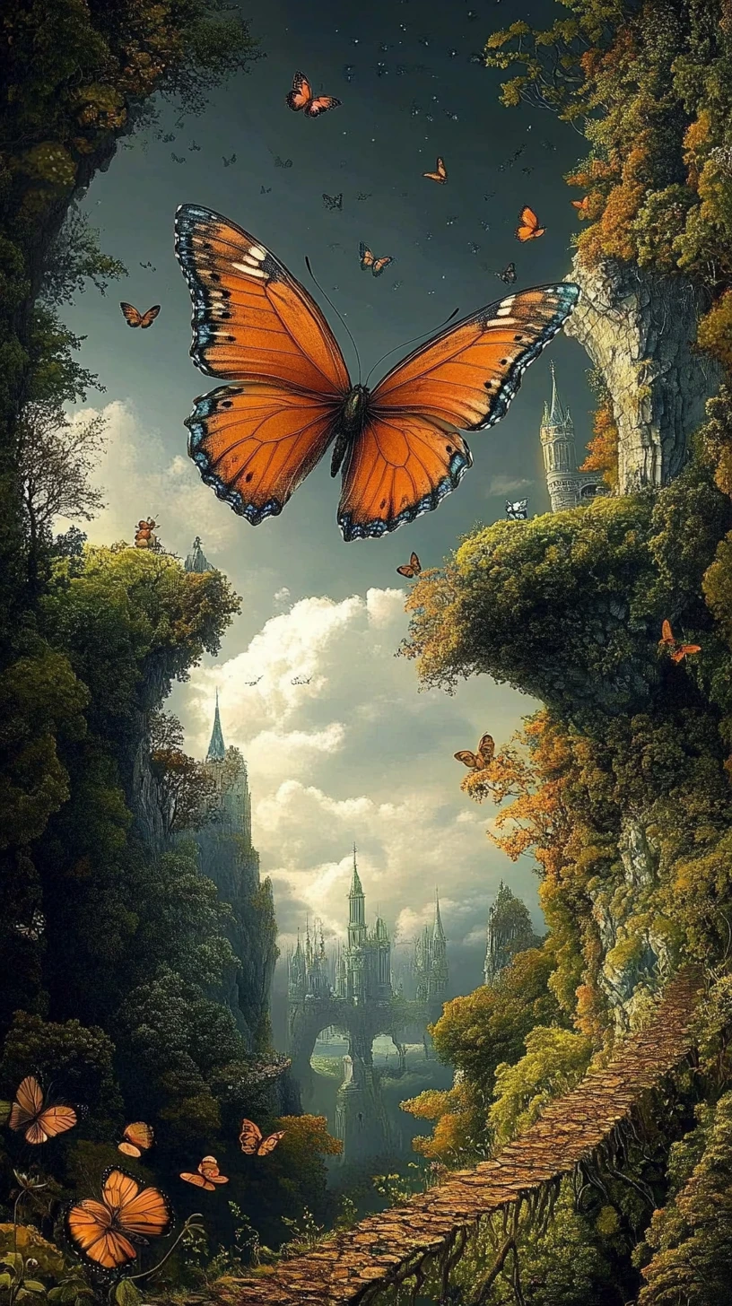 Ilusión surrealista de una mariposa en una escena abstracta multicapa