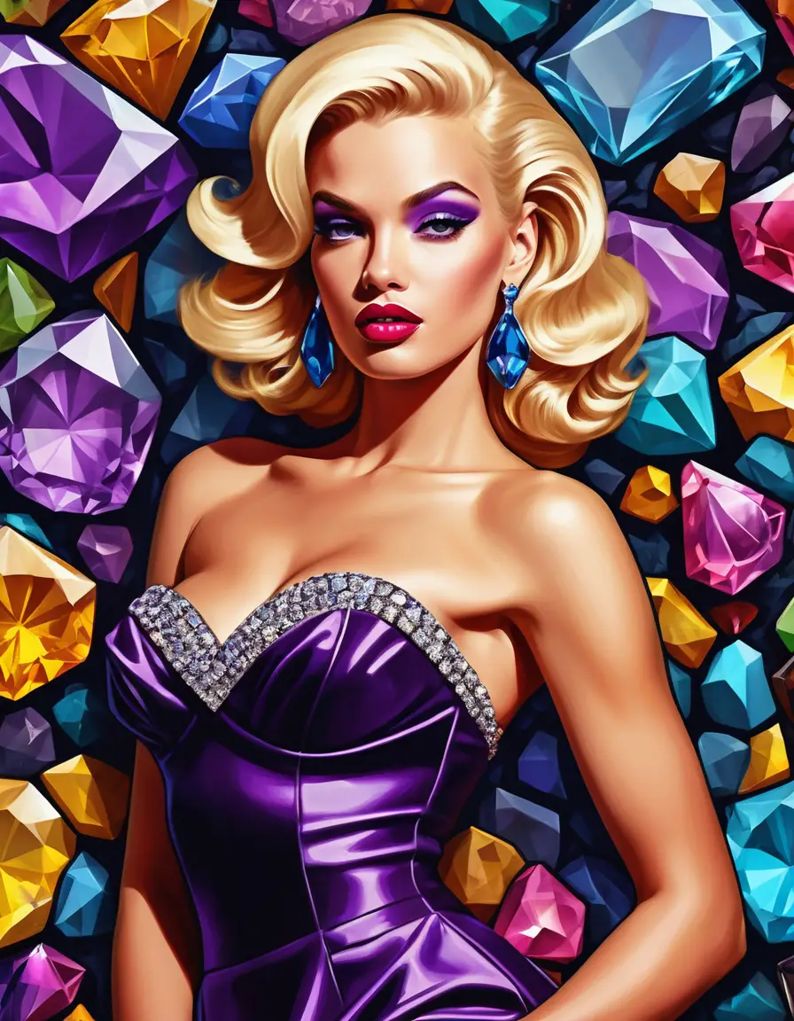 Sensual mujer rubia de moda con vestido de gala inspirado en gemas