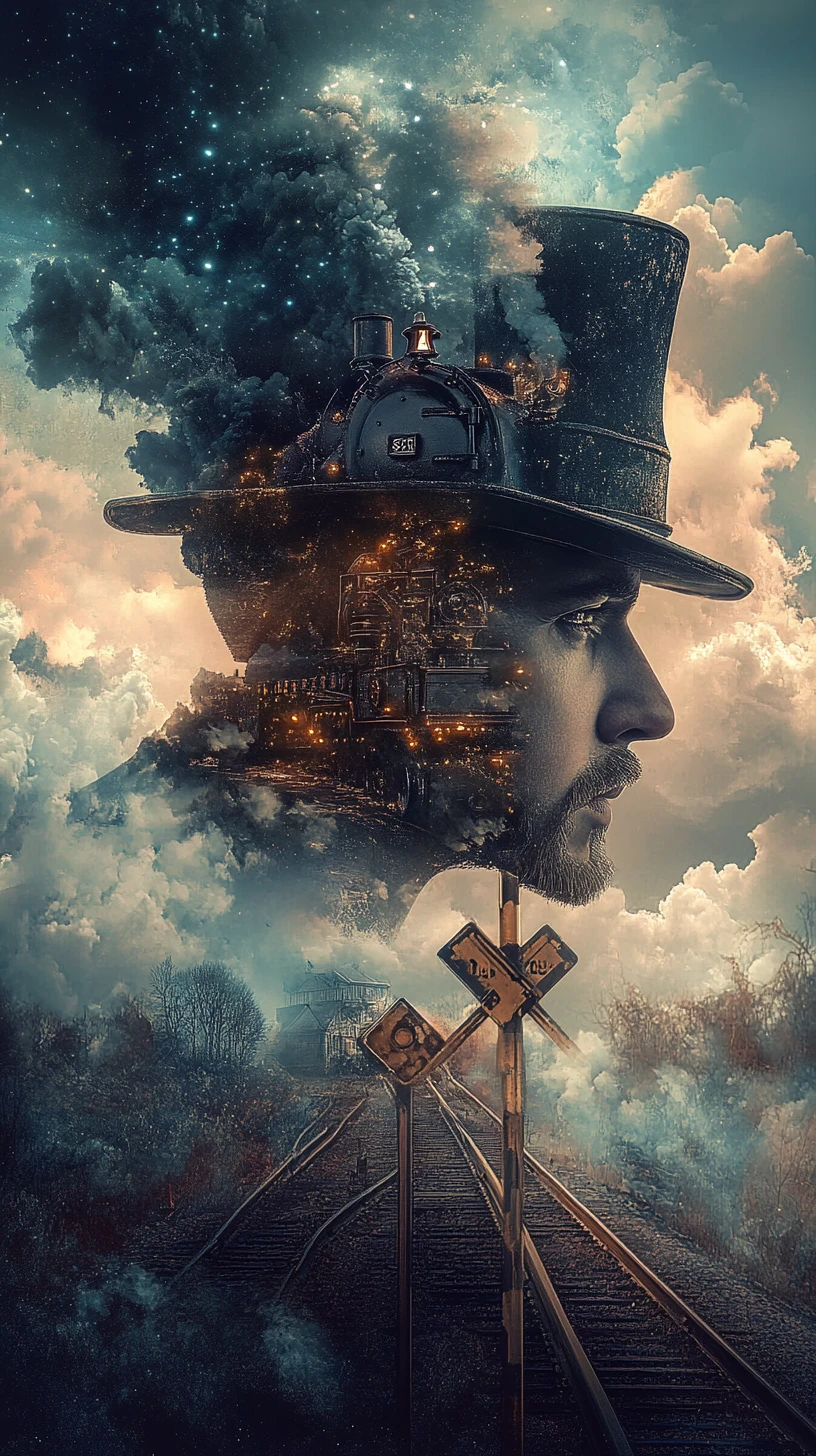 Surreal Steam Train Conductor Merged With Celestial Sky