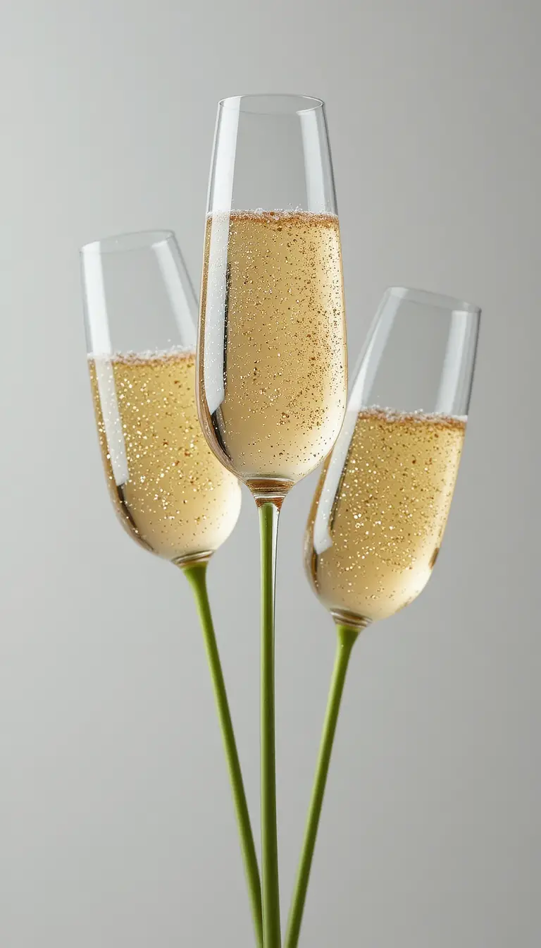 Tre flute di champagne inclinati su uno sfondo bianco brillante
