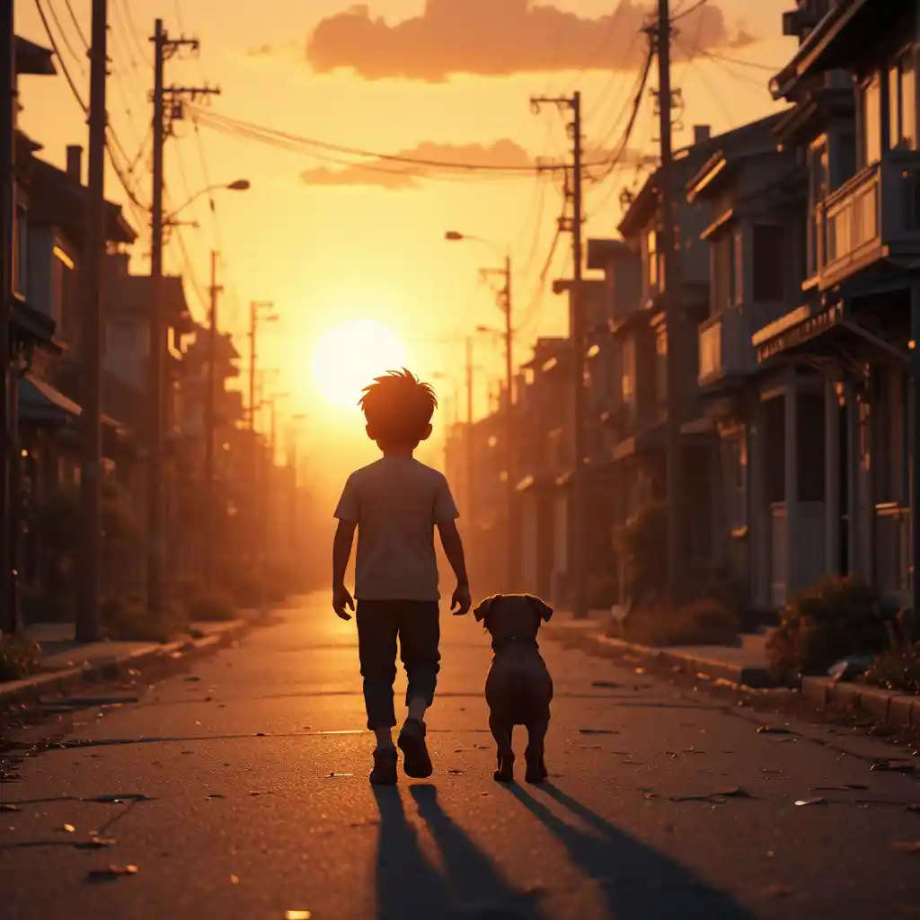 Junge und Hund als Silhouetten auf einer leuchtenden Straßenkulisse bei Sonnenuntergang
