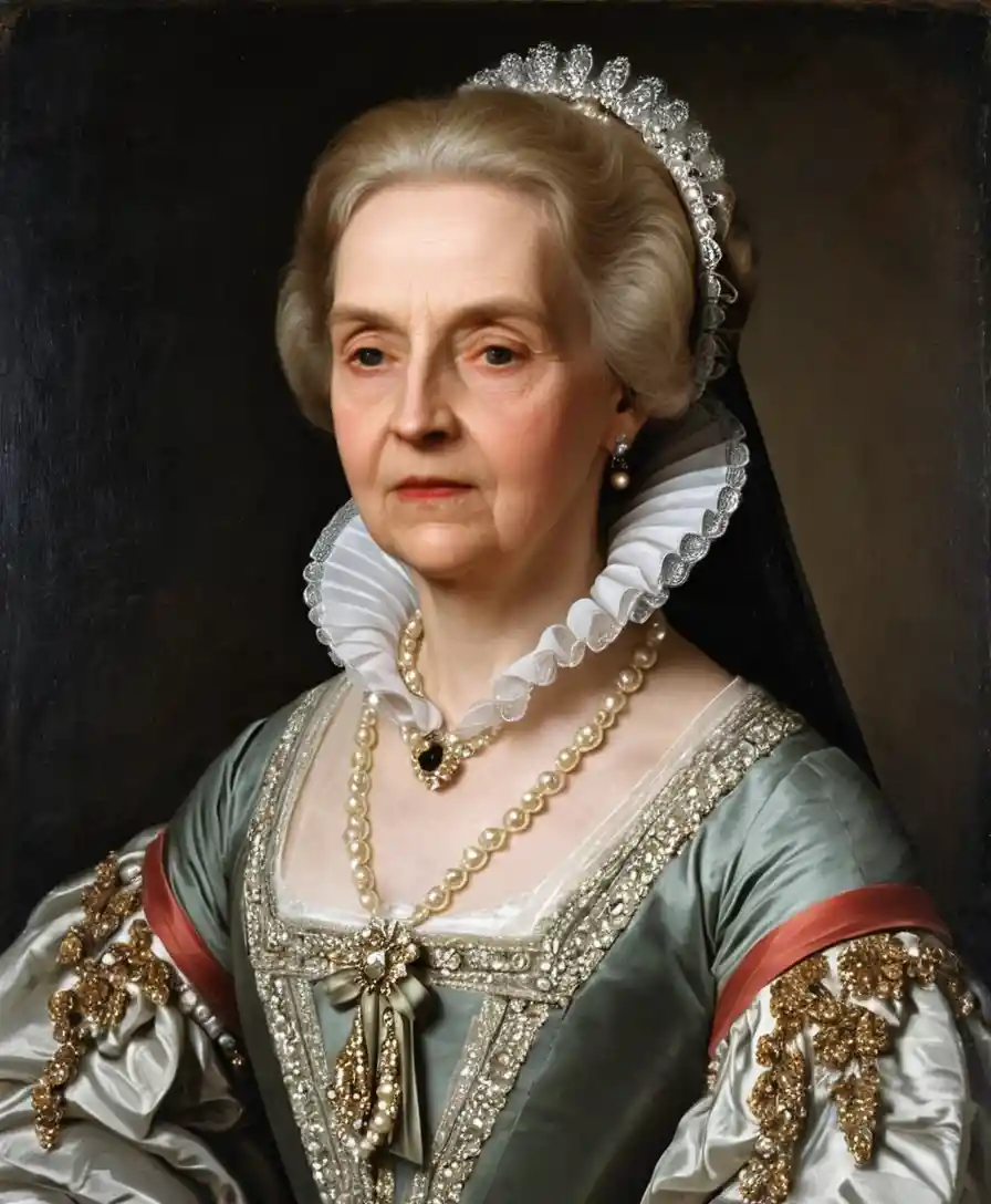 Elderly noblewoman in ornate baroque portrait with ribbons