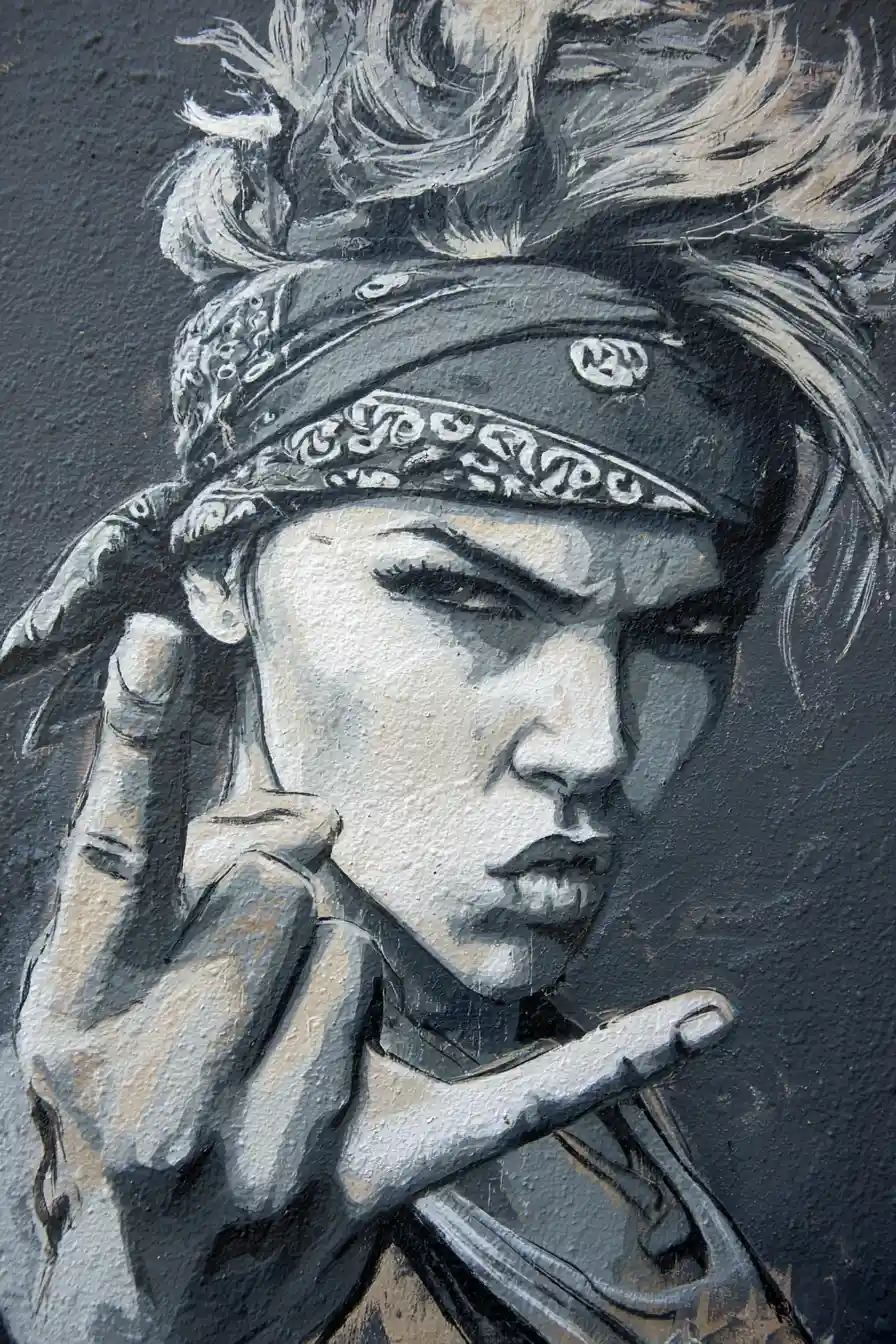 Edgy woman in chalk graffiti style flipping the middle finger