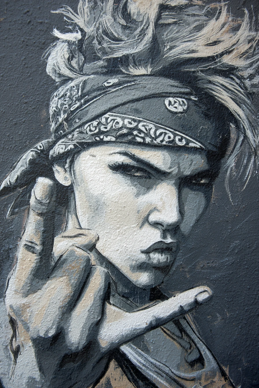 Edgy woman in chalk graffiti style flipping the middle finger