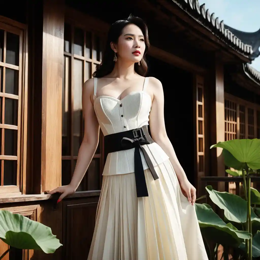 Vietnamese fashion woman in traditional wooden house interior