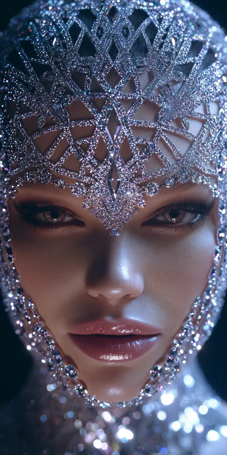 Glamorous woman in diamond veil with iridescent lighting