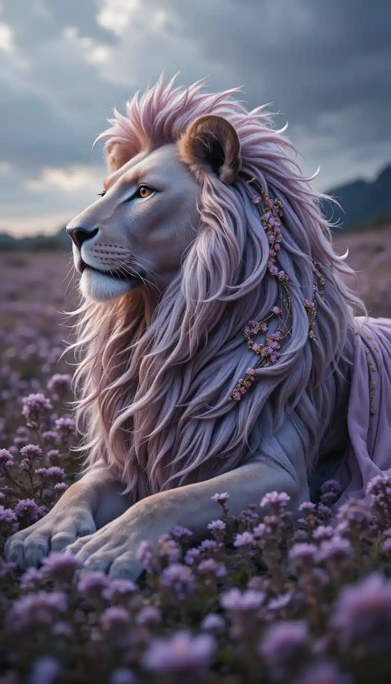 Majestic lion resting in purple wildflower meadow