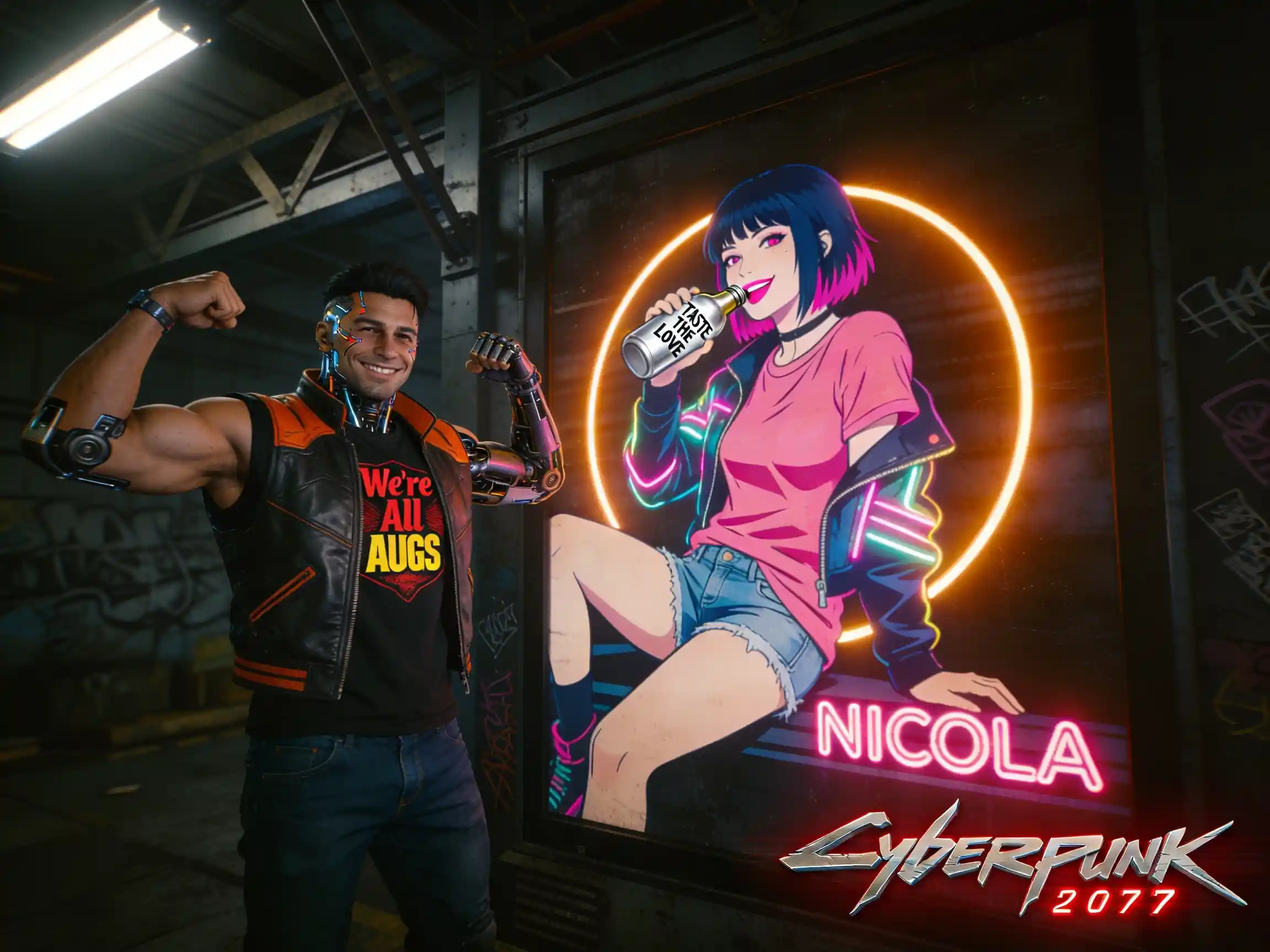 Augmented man posing by neon soda billboard