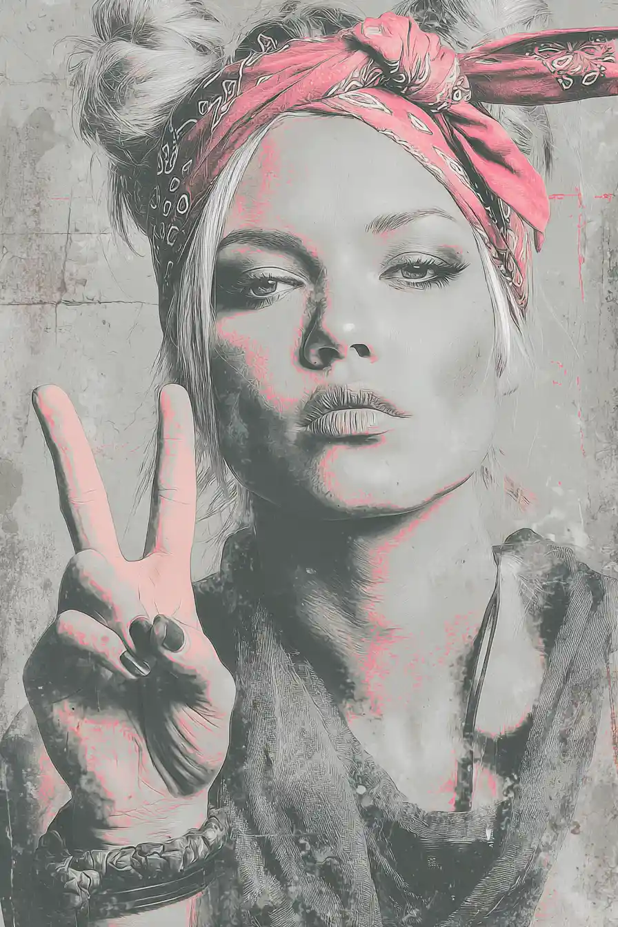 Edgy graffiti portrait of a stylish woman flashing peace