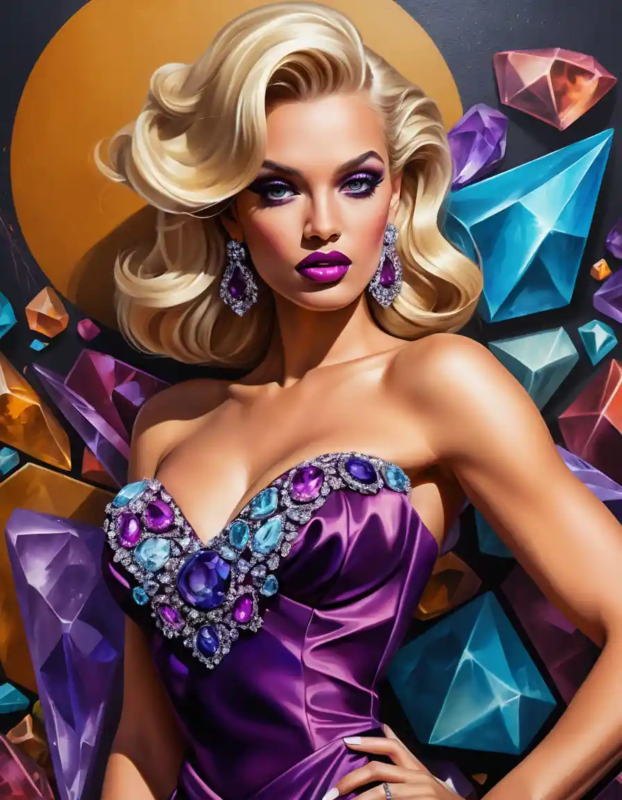 Sultry fantasy woman in gemstone inspired gala gown