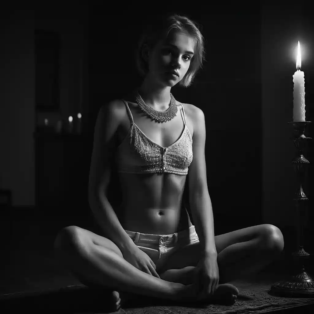 Young woman lit by a single candle in darkness