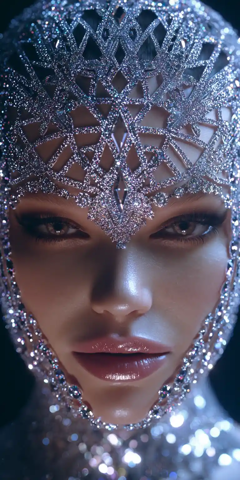 Glamorous woman in diamond veil with iridescent lighting