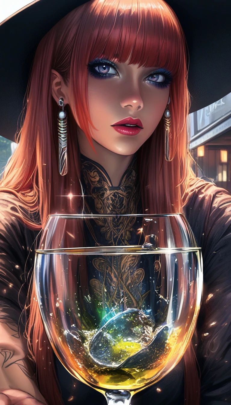 Tattooed woman in hat sipping cocktail in urban night scene