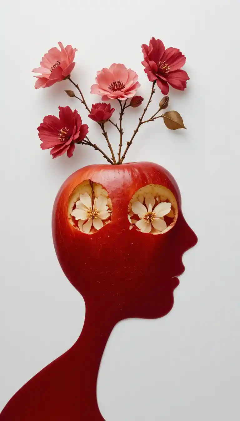 Silhouette di volto in buccia di mela sormontata da fettine di frutta