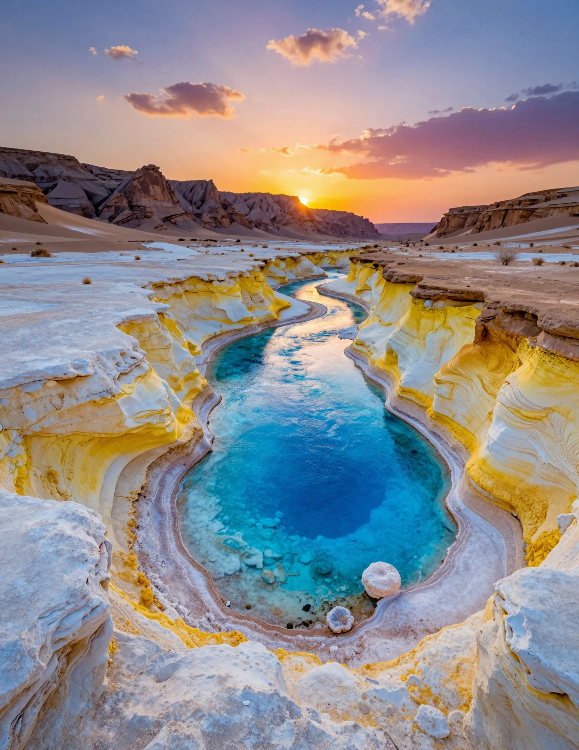 Paesaggio desertico al tramonto con piscina blu d’oasi e scogliere