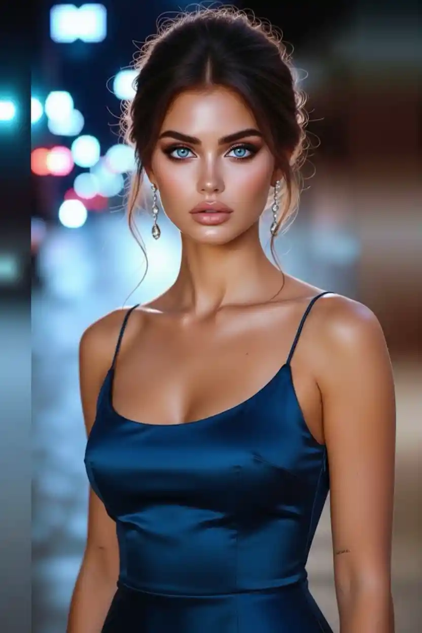 Elegant woman by a city street corner in cashmere dress