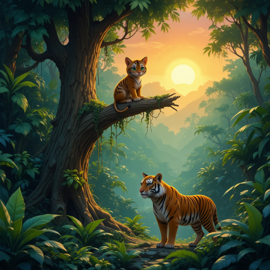 Wise cat above a proud tiger in a sunrise jungle