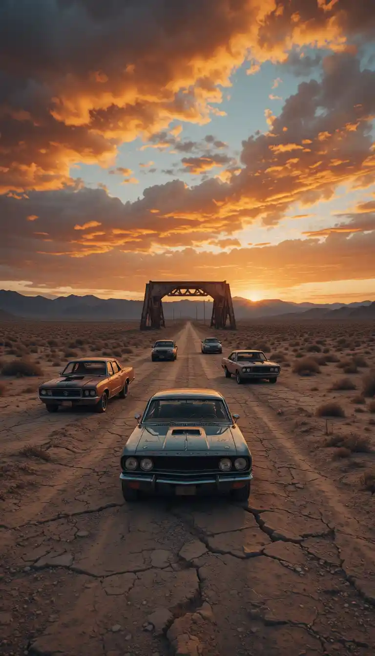 Abandoned cars along a cracked desert highway at sunset