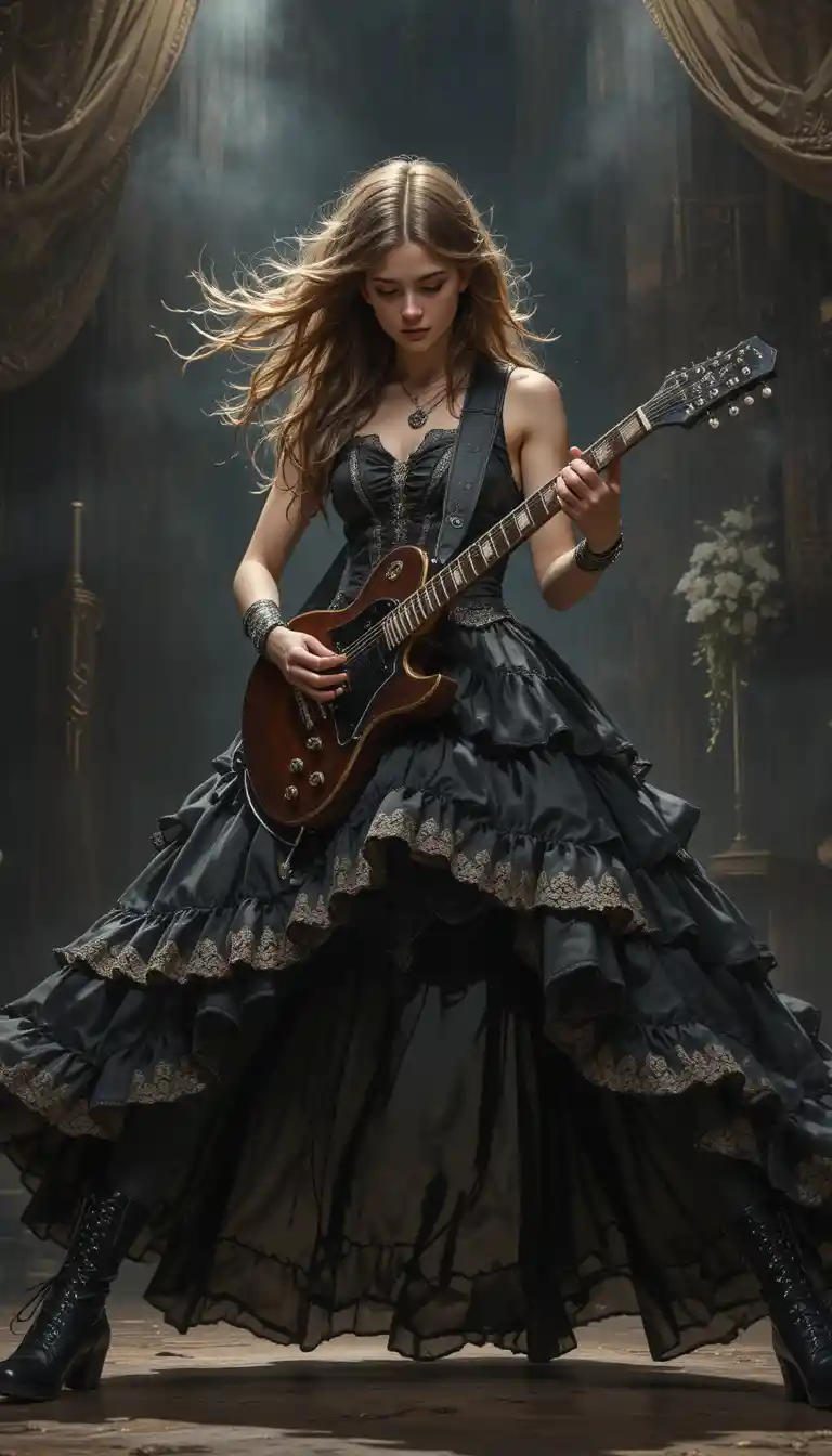 Teen girl guitarist in victorian gown on dim stage