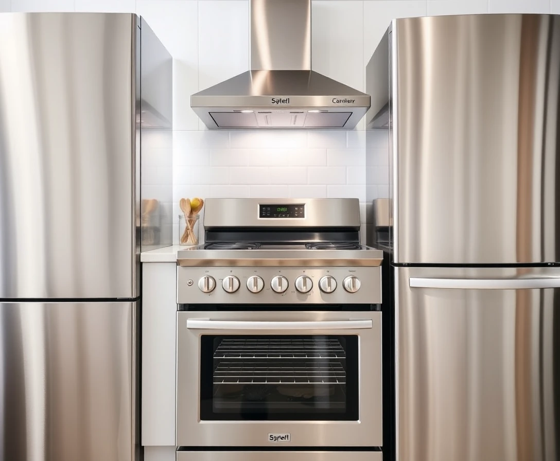 Eletrodomésticos de cozinha modernos em aço inox em interior iluminado