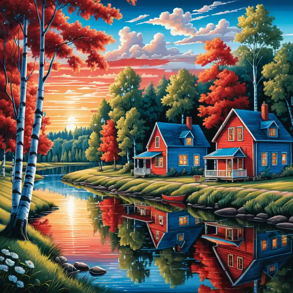Summer riverside sunset with birch trees and houses
