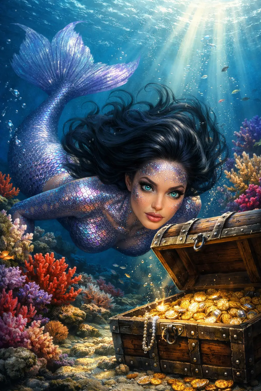 Violet mermaid diving toward an open treasure chest