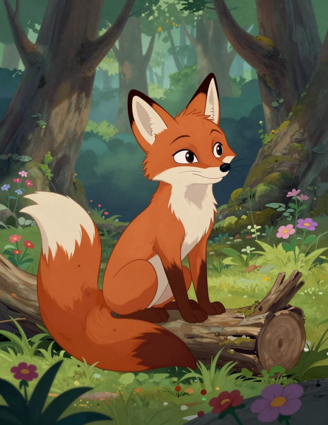 Linda zorra de dibujos animados sentada en un tronco en un bosque de primavera