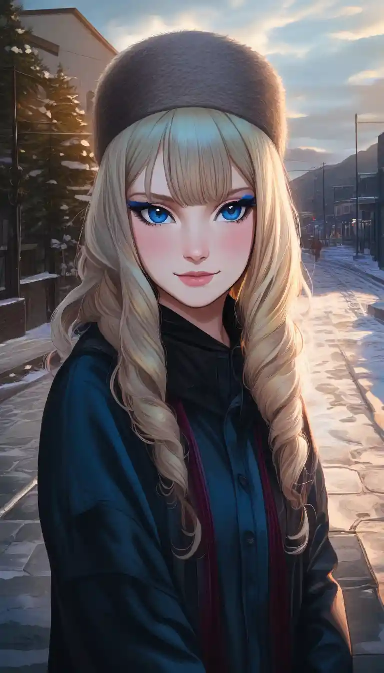 Blonde woman in blue fur hat against elegant winter scene