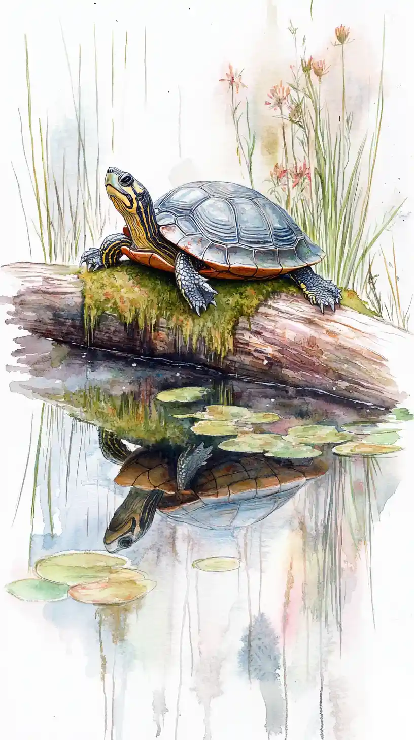 Tortuga pintada sobre tronco musgoso sobre un estanque en calma
