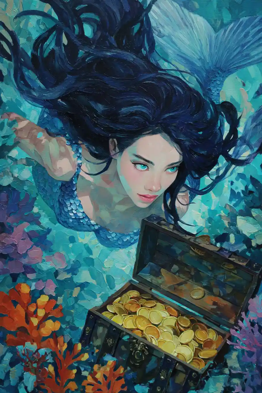 Violet mermaid swimming toward a glowing ocean treasure chest