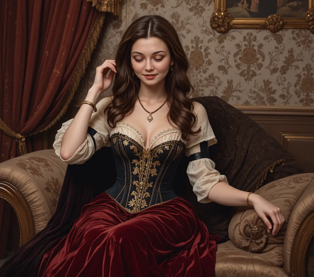 Elegant young woman resting on a renaissance chaise longue