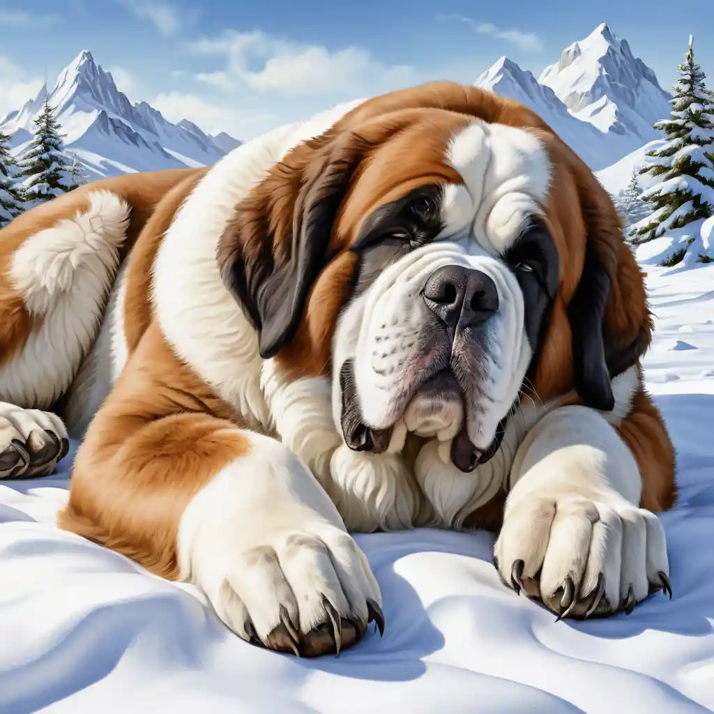 Giant Saint Bernard Sleeping Peacefully In Deep Snow