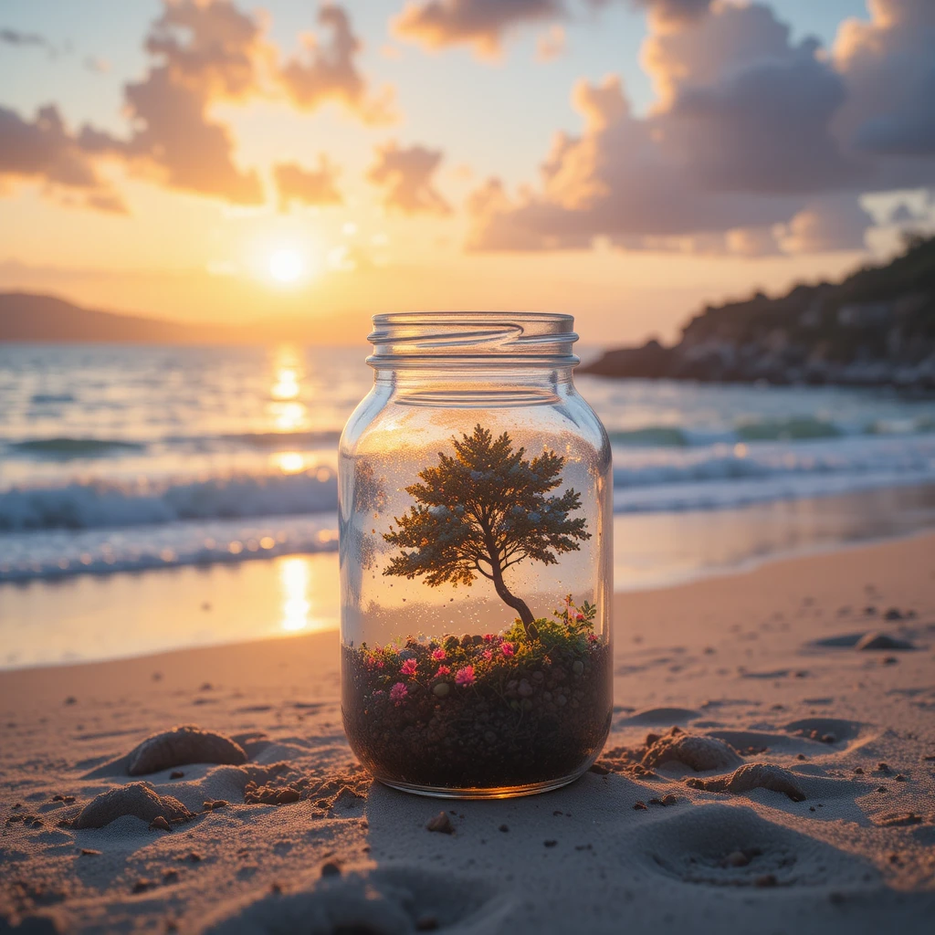 Sunset beach landscape captured inside a clear glass jar
