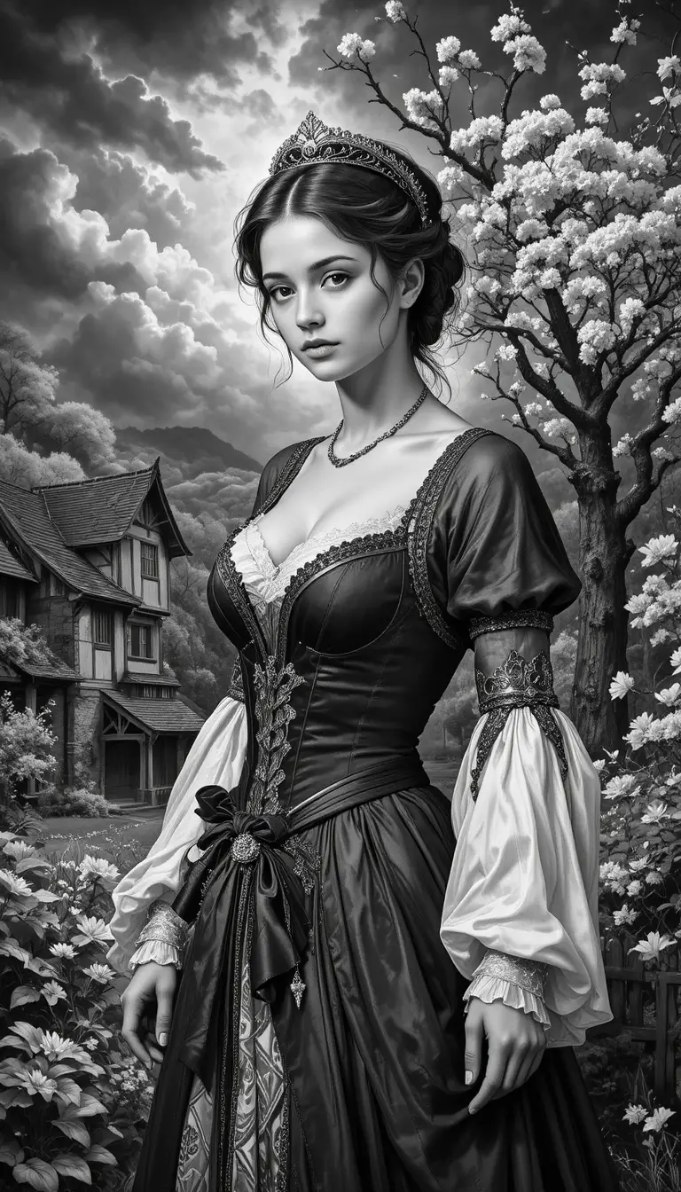 Teenage girl in historical dress under cherry blossoms