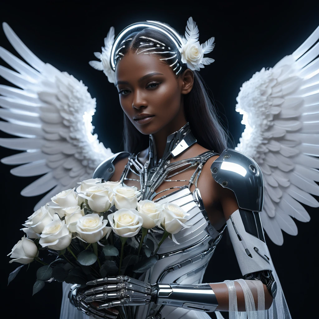 Celestial Cyborg Angel Woman With White Roses