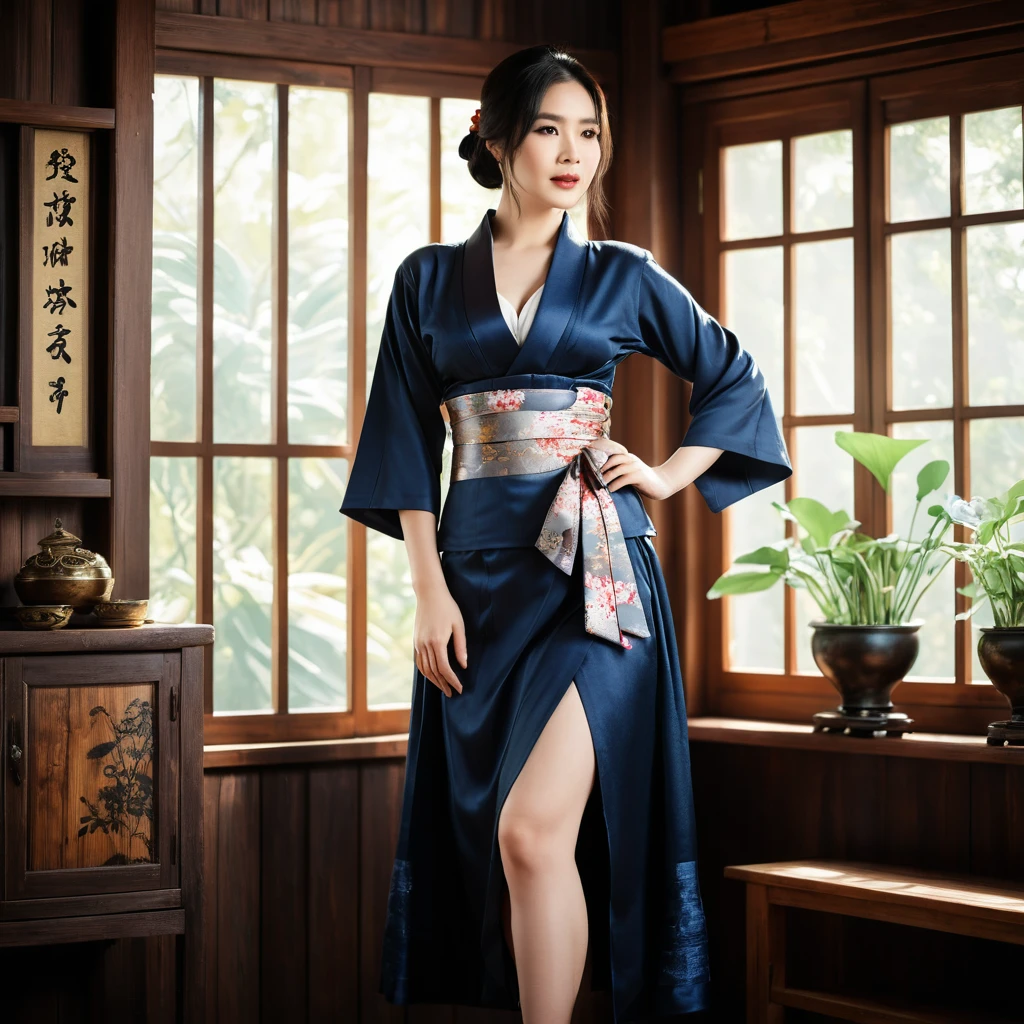 Vietnamese model in steampunk yukata in wooden house