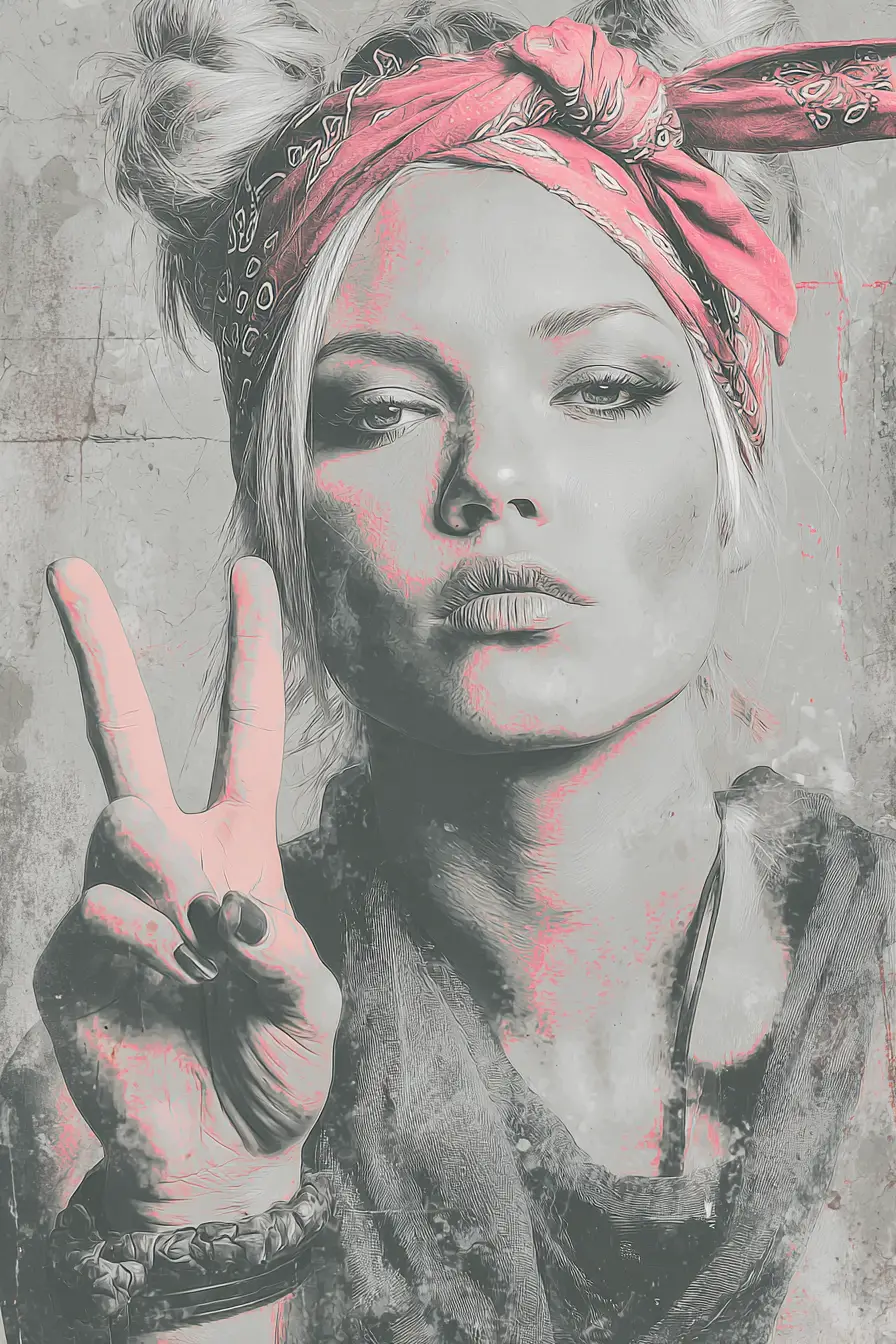 Edgy graffiti portrait of a stylish woman flashing peace
