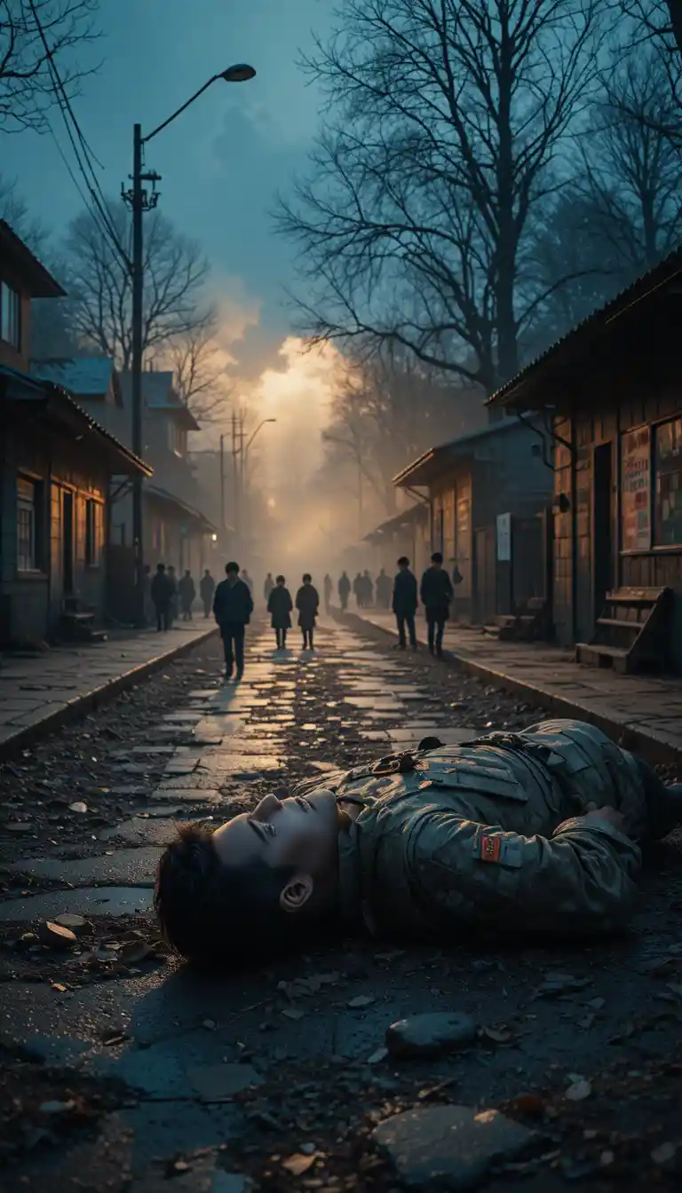 Soldier Resting On Quiet Street After Chaos