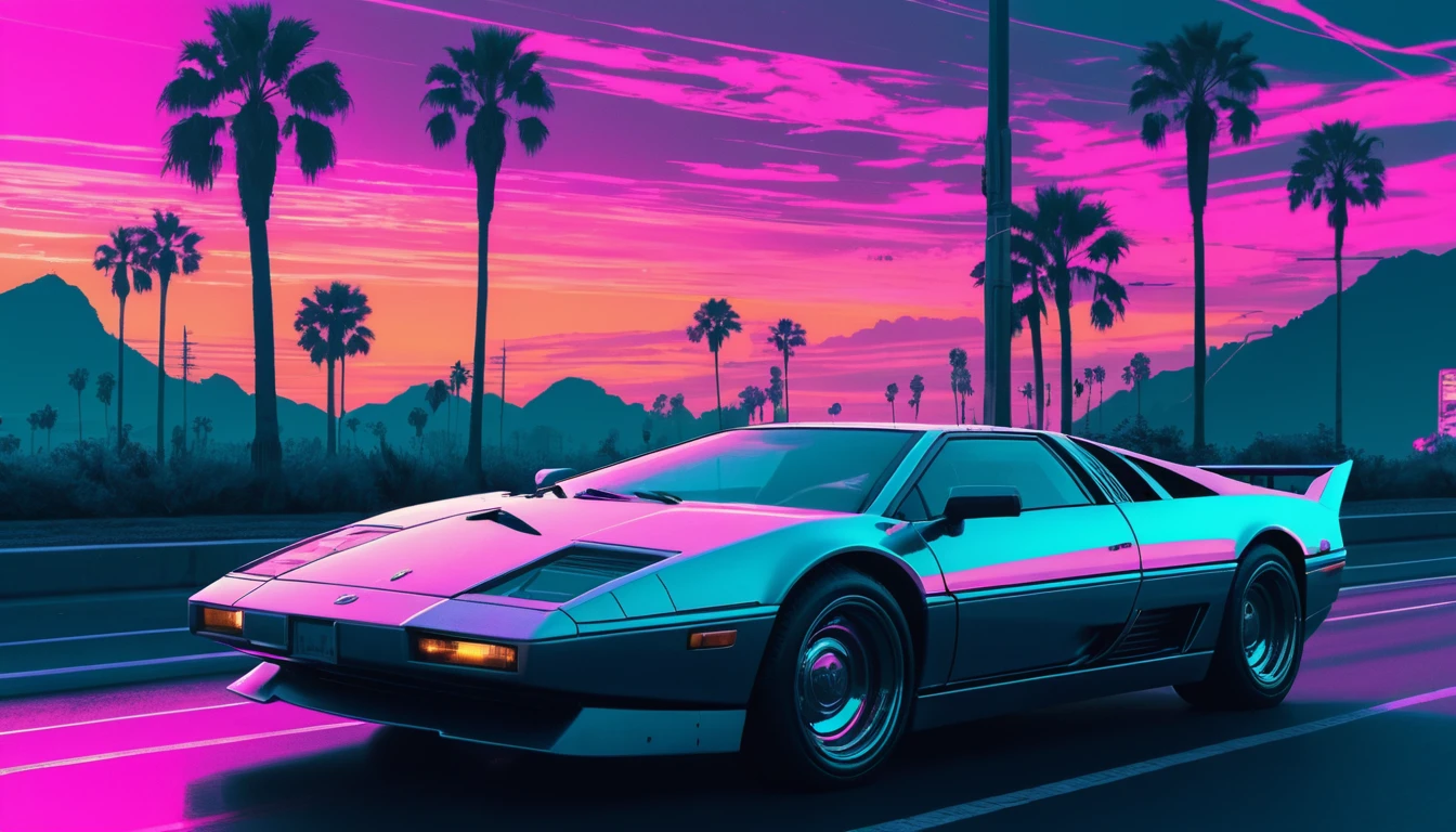 Robot vaporwave futurista persiguiendo coche deportivo cromado al atardecer