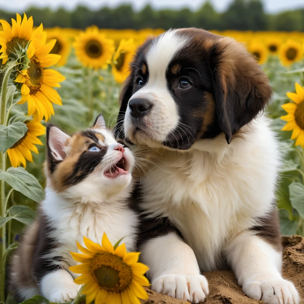 Gatito y cachorro San Bernardo jugando en un campo de girasoles