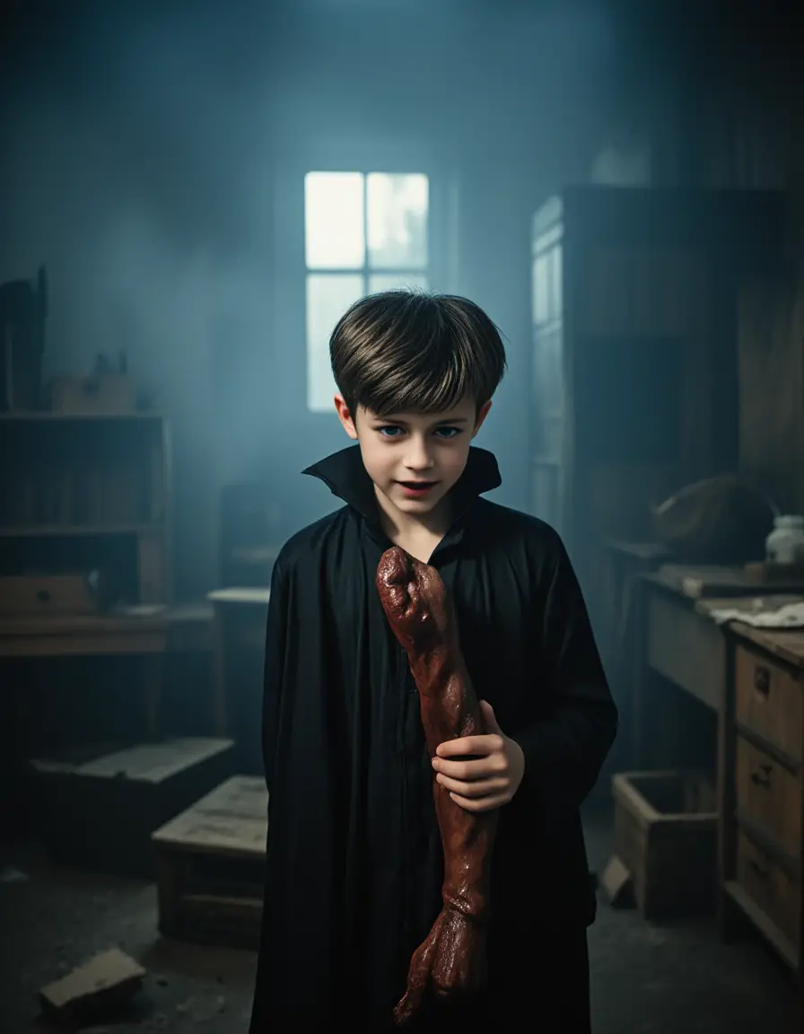 Young boy in monstrous dracula costume in dark misty room