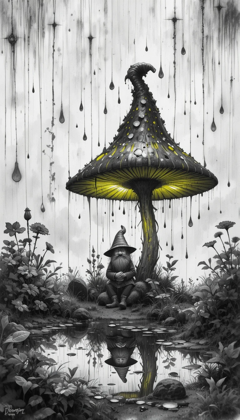 Gnome Under a Glowing Mushroom in Rainy Fantasy Garden