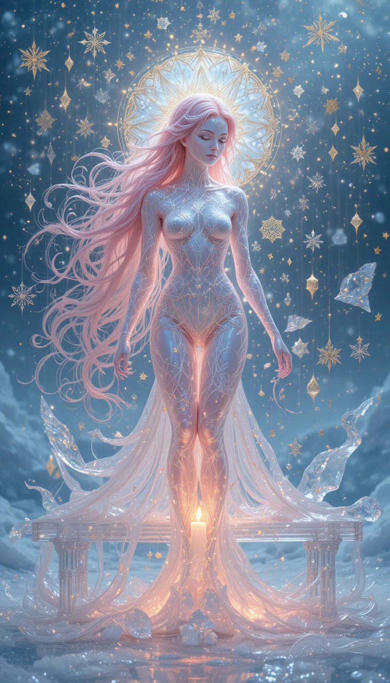 Ethereal woman in icy dreamscape with candles and stars