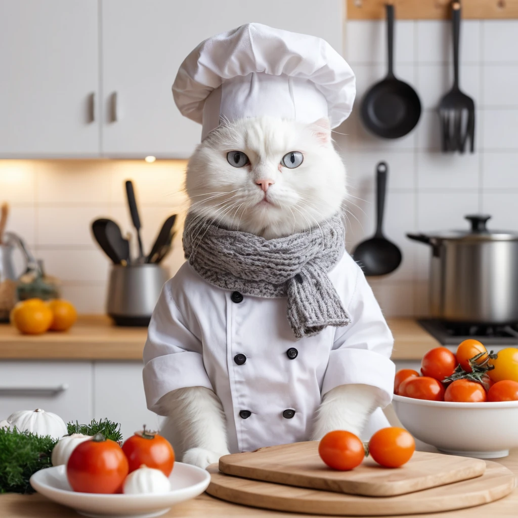 Fluffy white chef cat cooking in a cozy winter kitchen